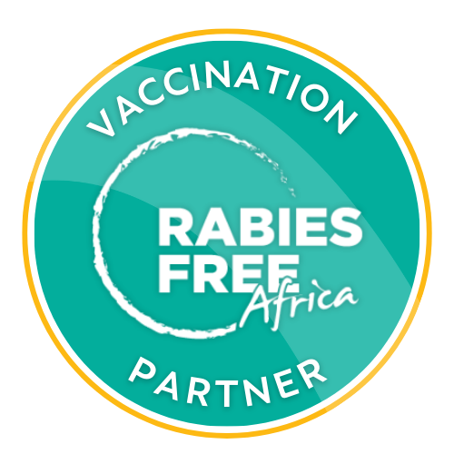 Teal circle with the words Rabies Free Africa Vaccination Partner